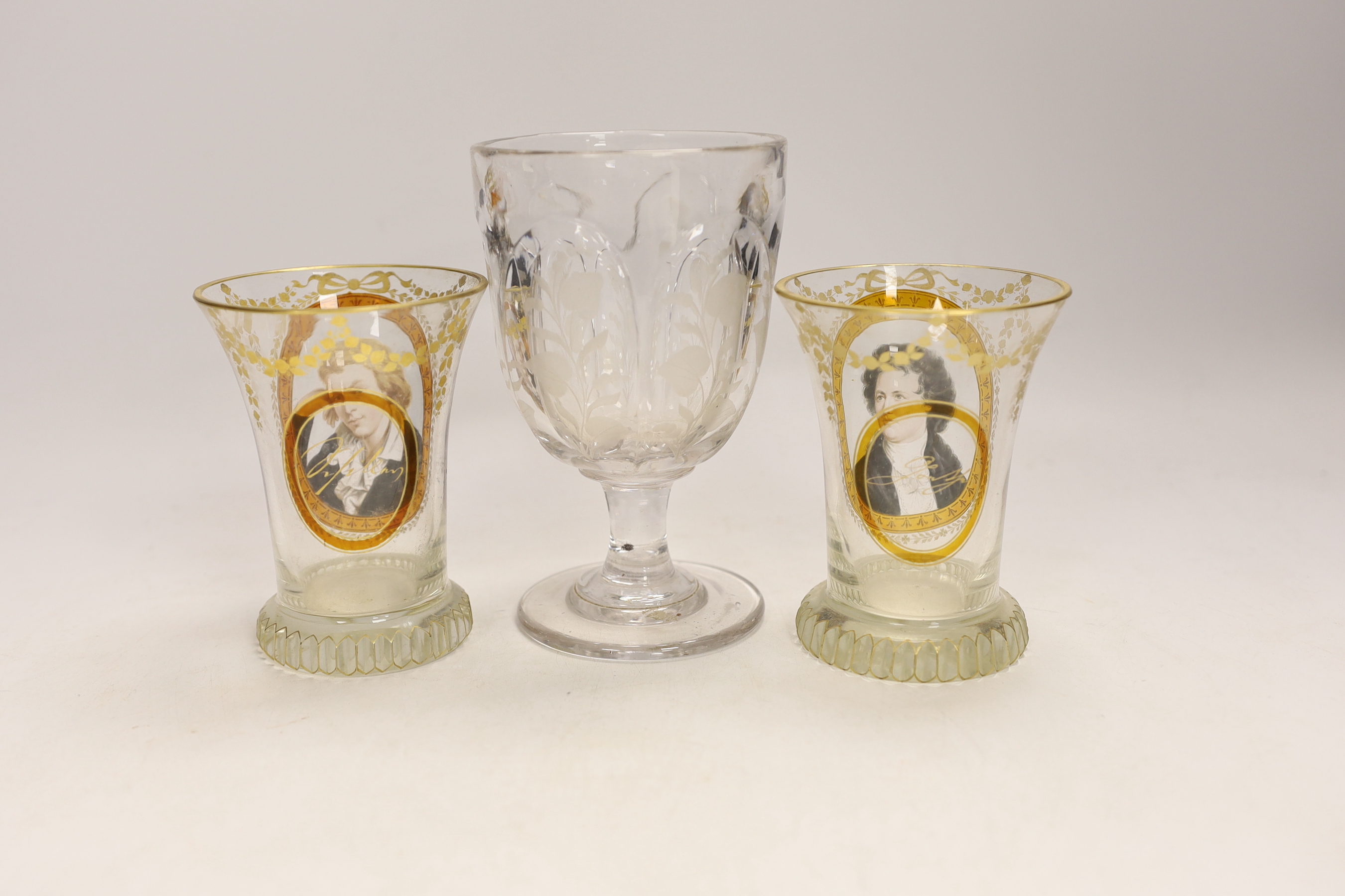 Two Bohemian glass beakers and a goblet, goblet 15cm high